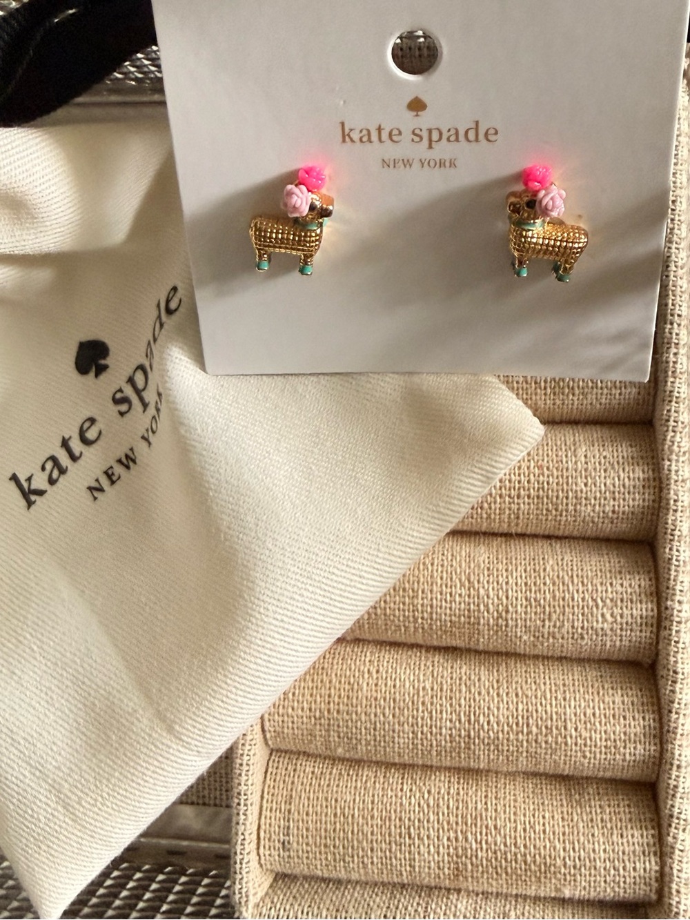 kate spade Penny the Pianata earrings with pink and turquoise accents